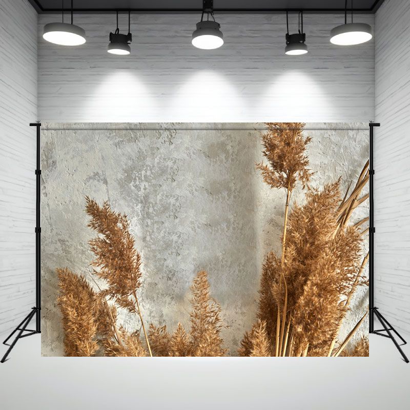 Gray Wall Dried Flowers Reed Boho Photo Backdrop - Layoris
