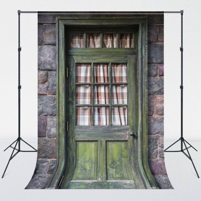 Green Old Wooden Door Curtain Portrait Backdrop - Layoris