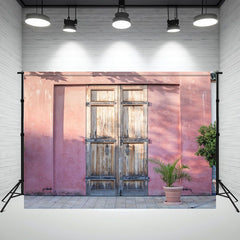 Pink Wall Wooden Door Outdoor Photography Backdrop - Layoris