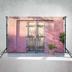Pink Wall Wooden Door Outdoor Photography Backdrop - Layoris