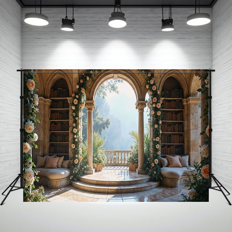 Arch Bookshelf Rose Photography Backdrop - Layoris
