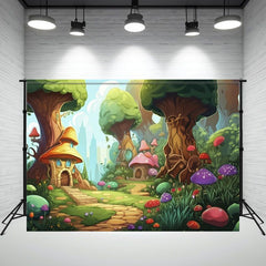Cartoon Tree House Colorful Mushroom Backdrop - Layoris