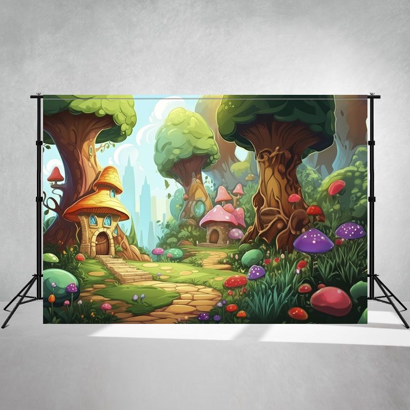Cartoon Tree House Colorful Mushroom Backdrop - Layoris