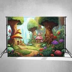Cartoon Tree House Colorful Mushroom Backdrop - Layoris