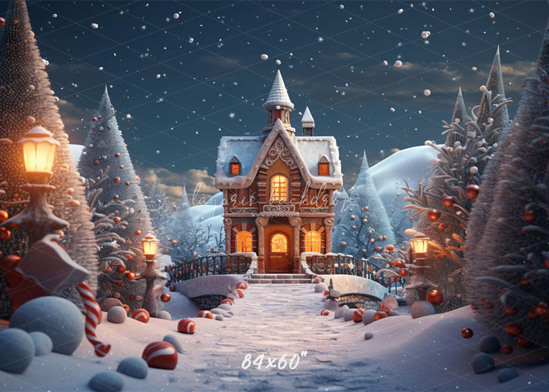 Snowy Gingerbread House Christmas Party Backdrop - Layoris