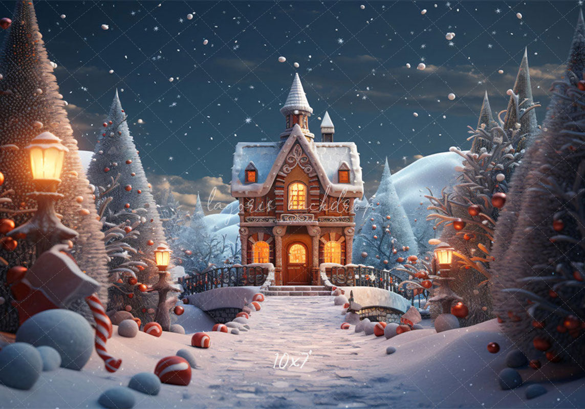 Snowy Gingerbread House Christmas Party Backdrop - Layoris