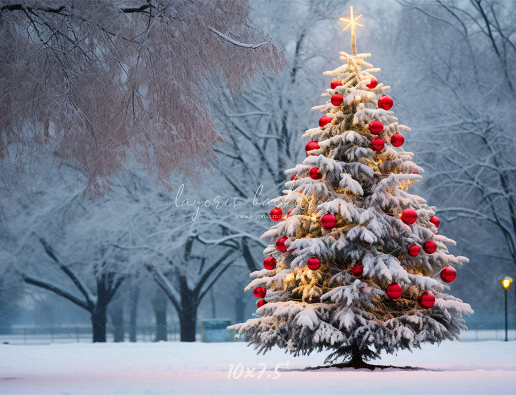 Red Ball Christmas Tree Park Woods Festival Backdrop - Layoris