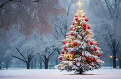 Red Ball Christmas Tree Park Woods Festival Backdrop - Layoris