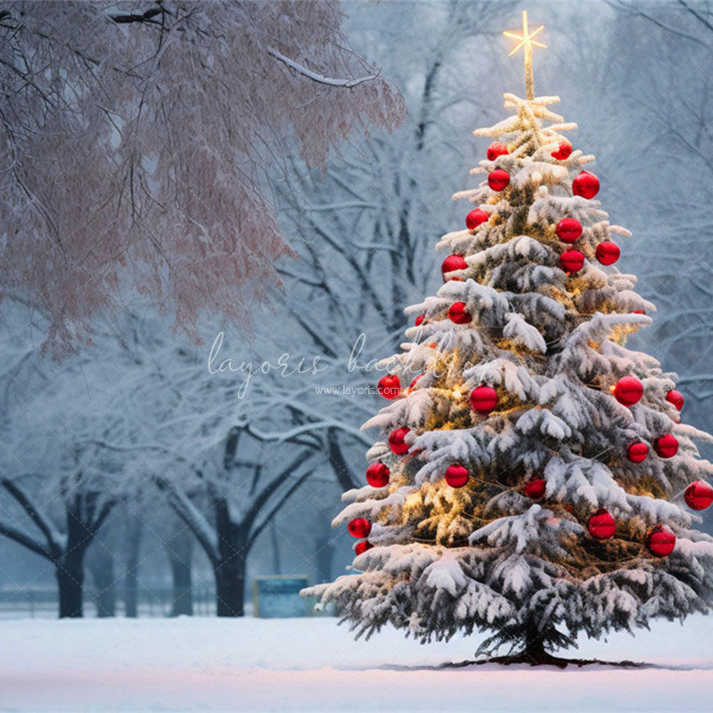 Red Ball Christmas Tree Park Woods Festival Backdrop - Layoris