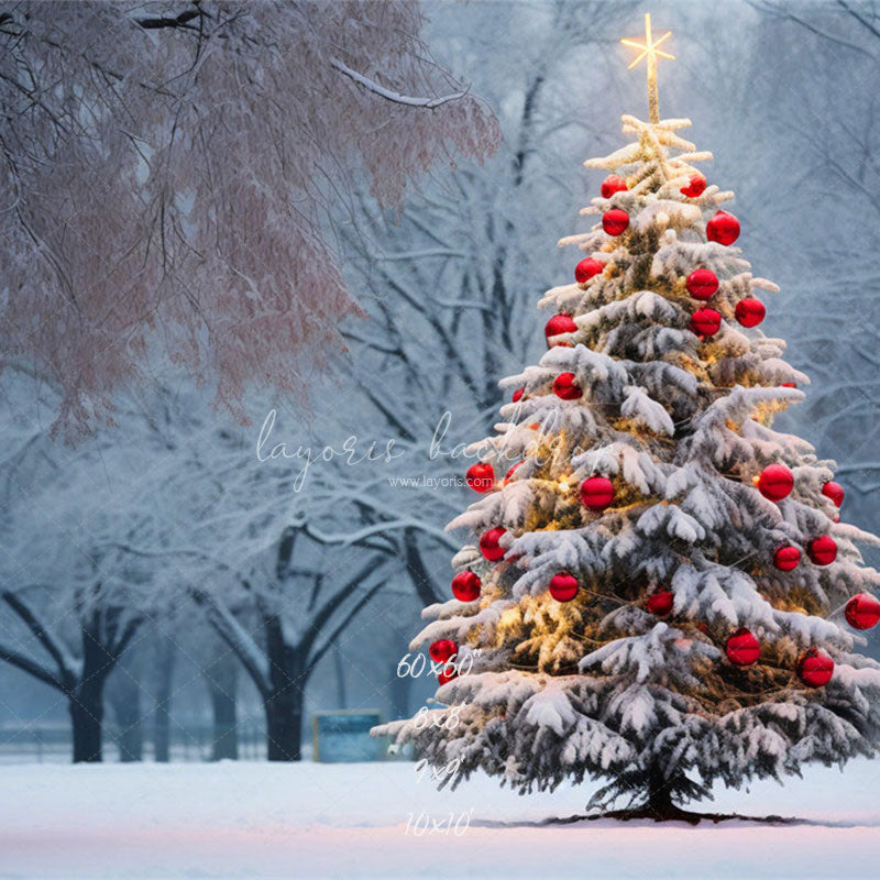 Red Ball Christmas Tree Park Woods Festival Backdrop - Layoris
