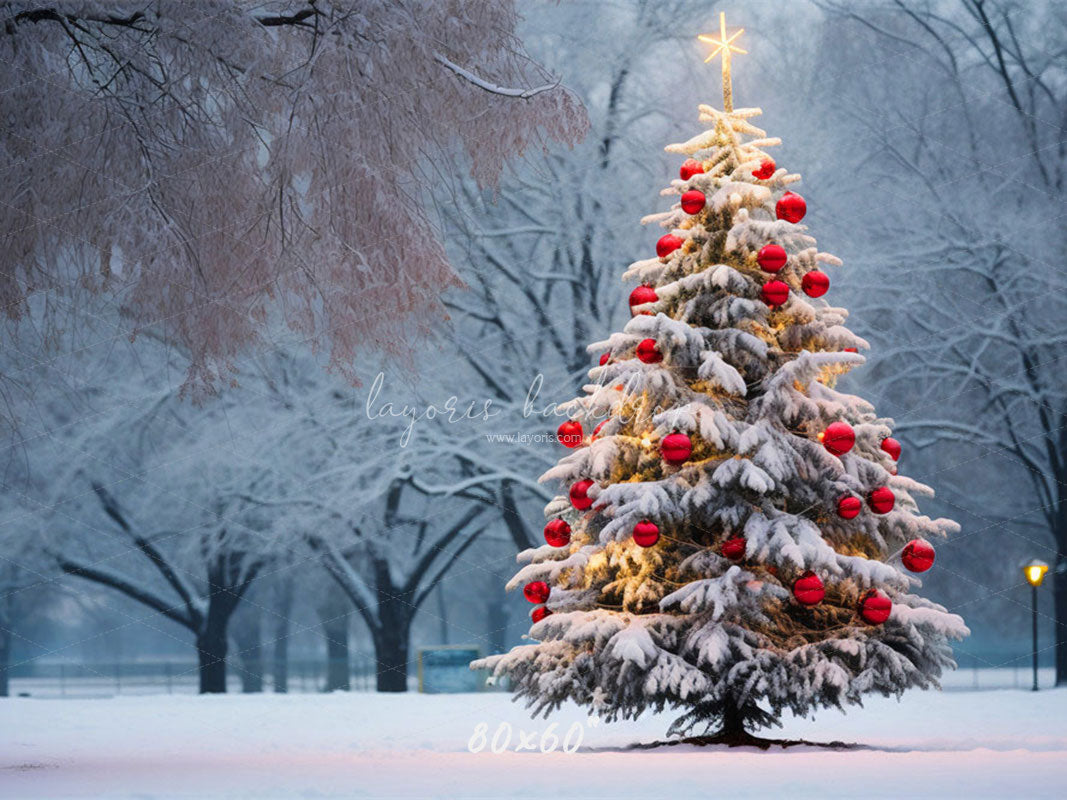 Red Ball Christmas Tree Park Woods Festival Backdrop - Layoris