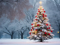 Red Ball Christmas Tree Park Woods Festival Backdrop - Layoris