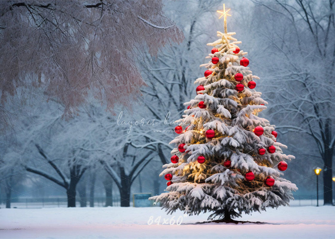 Red Ball Christmas Tree Park Woods Festival Backdrop - Layoris
