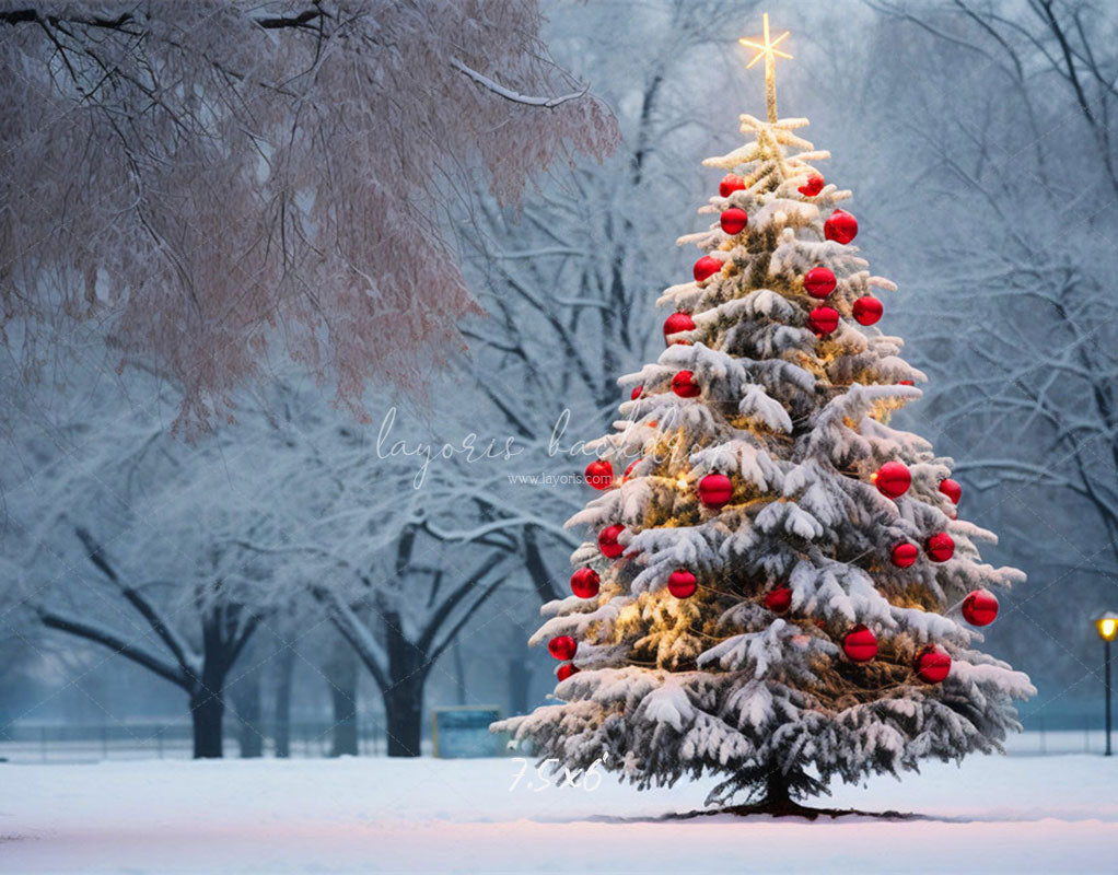 Red Ball Christmas Tree Park Woods Festival Backdrop - Layoris