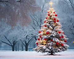 Red Ball Christmas Tree Park Woods Festival Backdrop - Layoris