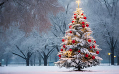 Red Ball Christmas Tree Park Woods Festival Backdrop - Layoris