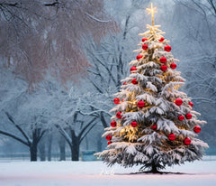 Red Ball Christmas Tree Park Woods Festival Backdrop - Layoris