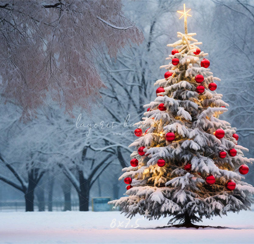 Red Ball Christmas Tree Park Woods Festival Backdrop - Layoris