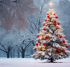 Red Ball Christmas Tree Park Woods Festival Backdrop - Layoris