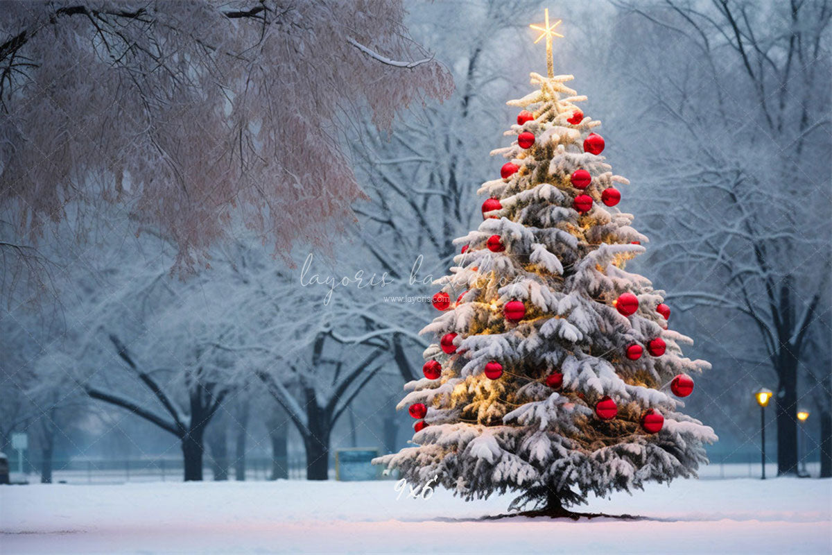 Red Ball Christmas Tree Park Woods Festival Backdrop - Layoris