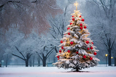 Red Ball Christmas Tree Park Woods Festival Backdrop - Layoris