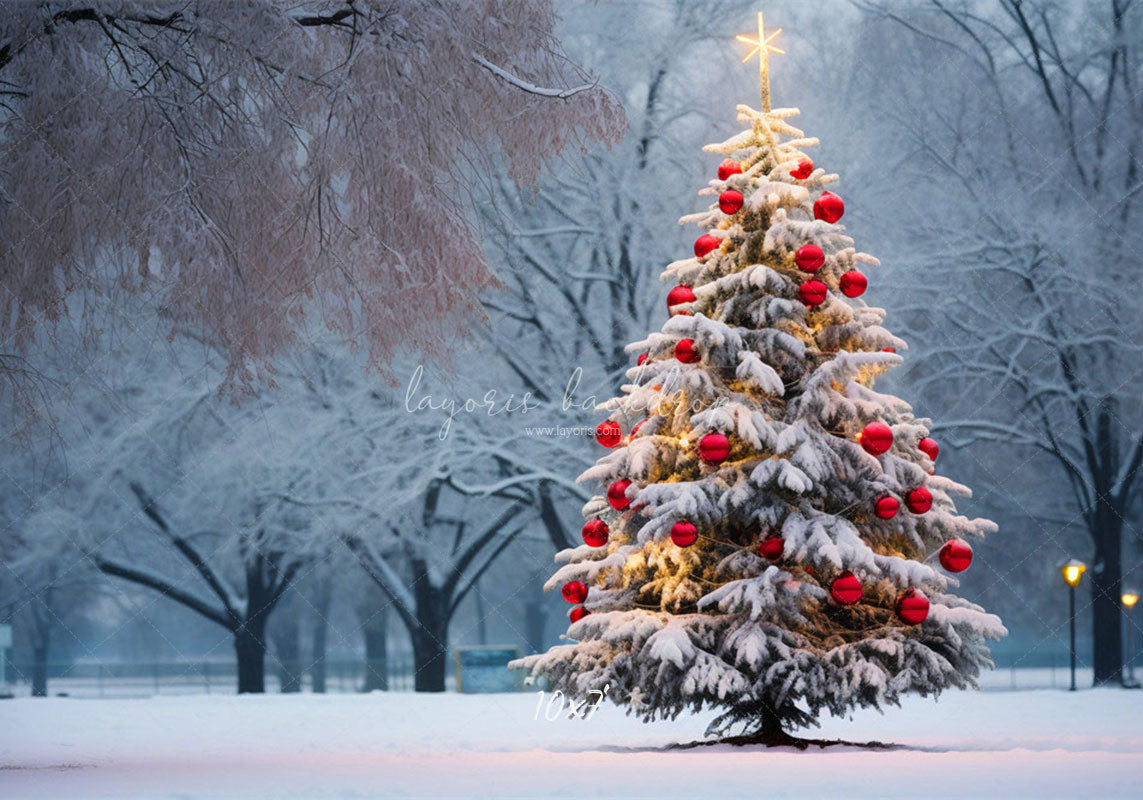 Red Ball Christmas Tree Park Woods Festival Backdrop - Layoris