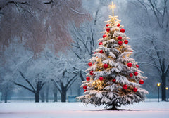 Red Ball Christmas Tree Park Woods Festival Backdrop - Layoris