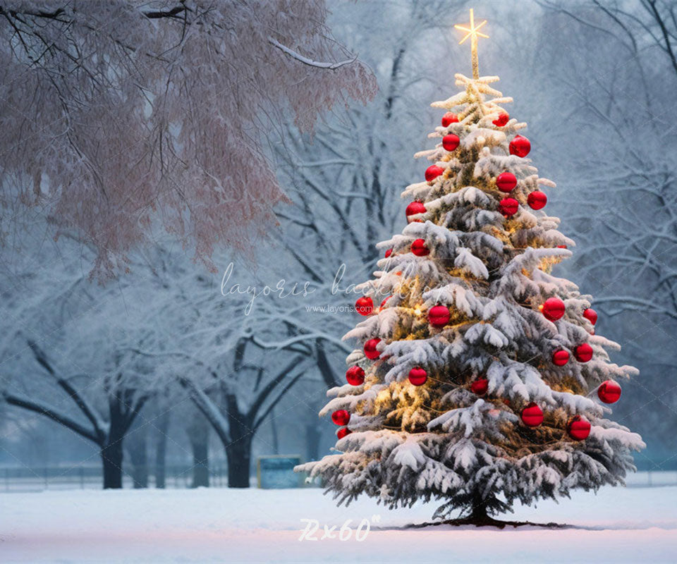 Red Ball Christmas Tree Park Woods Festival Backdrop - Layoris