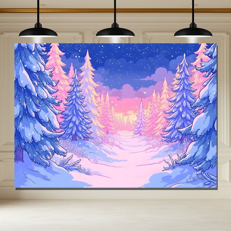 Layoris Cartoon Pink Blue Pine Forest Snowflake Winter Backdrop
