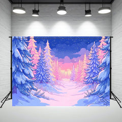 Layoris Cartoon Pink Blue Pine Forest Snowflake Winter Backdrop