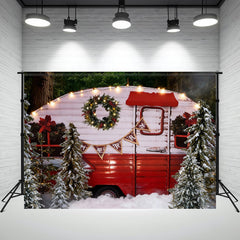 Layoris Red Camper Van Pine Tree Christmas Photo Backdrop