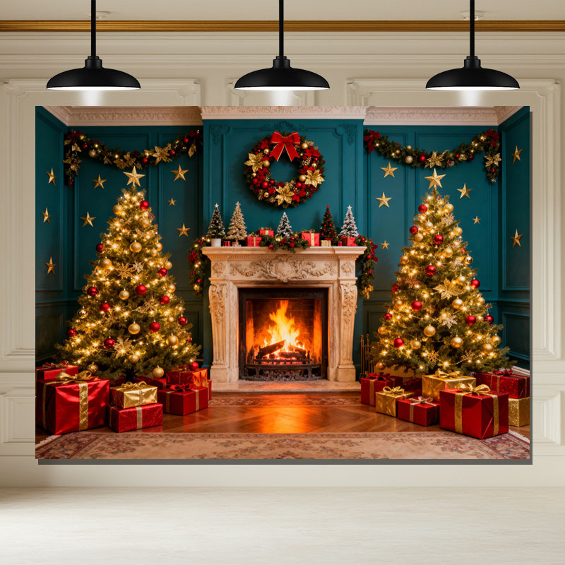 Layoris Green Wall Fireplace Christmas Tree Photo Backdrop