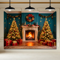 Layoris Green Wall Fireplace Christmas Tree Photo Backdrop