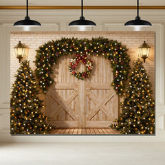 Layoris Wooden Door Brick Wall Christmas Tree Photo Backdrop