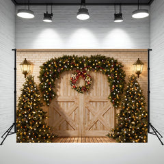 Layoris Wooden Door Brick Wall Christmas Tree Photo Backdrop