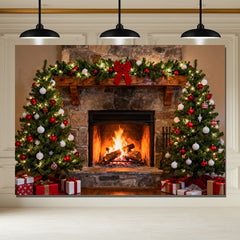 Layoris (7 Days Delivery) Fireplace Christmas Tree Holiday Party Backdrop
