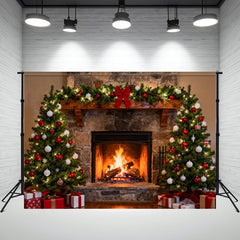 Layoris (7 Days Delivery) Fireplace Christmas Tree Holiday Party Backdrop