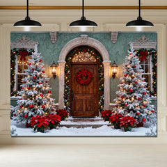Layoris Green House Wooden Door Christmas Photo Backdrop