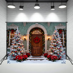 Layoris Green House Wooden Door Christmas Photo Backdrop