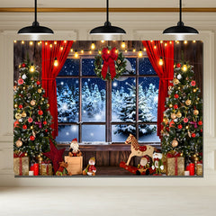 Layoris Window Snowman Pine Forest Christmas Backdrop