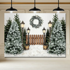 Layoris Fence Street Lights Pine Tree Christmas Photo Backdrop