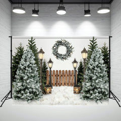 Layoris Fence Street Lights Pine Tree Christmas Photo Backdrop