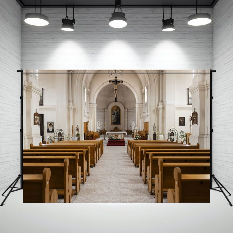 White Church Wooden Table Interior Photo Backdrop - Layoris