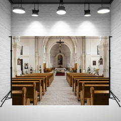 White Church Wooden Table Interior Photo Backdrop - Layoris