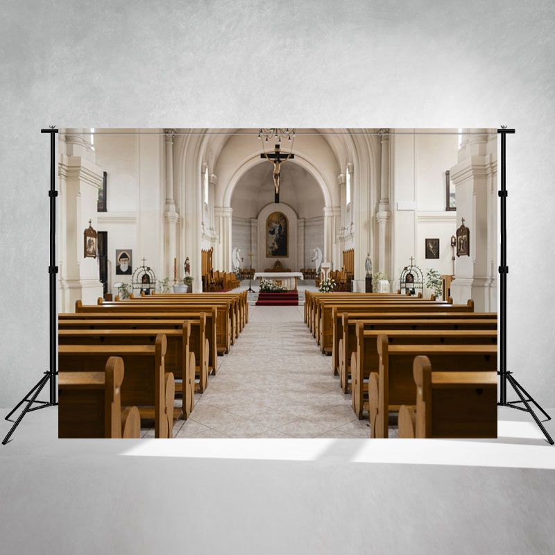 White Church Wooden Table Interior Photo Backdrop - Layoris