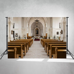 White Church Wooden Table Interior Photo Backdrop - Layoris