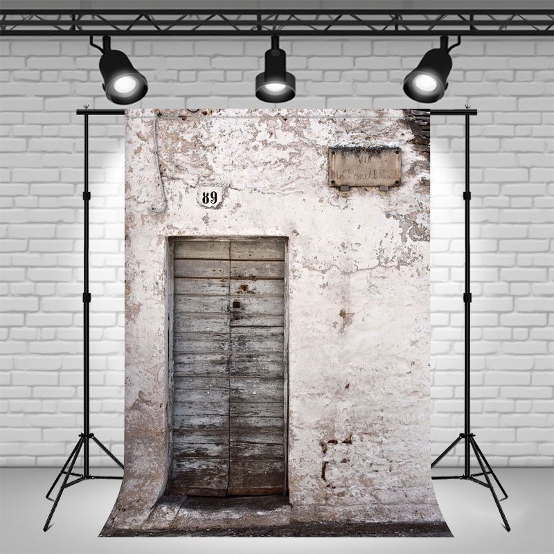 Dilapidated White Wall Wooden Door Photo Backdrop - Layoris