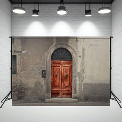 Gray Wall Red Arch Wooden Door Photo Backdrop - Layoris