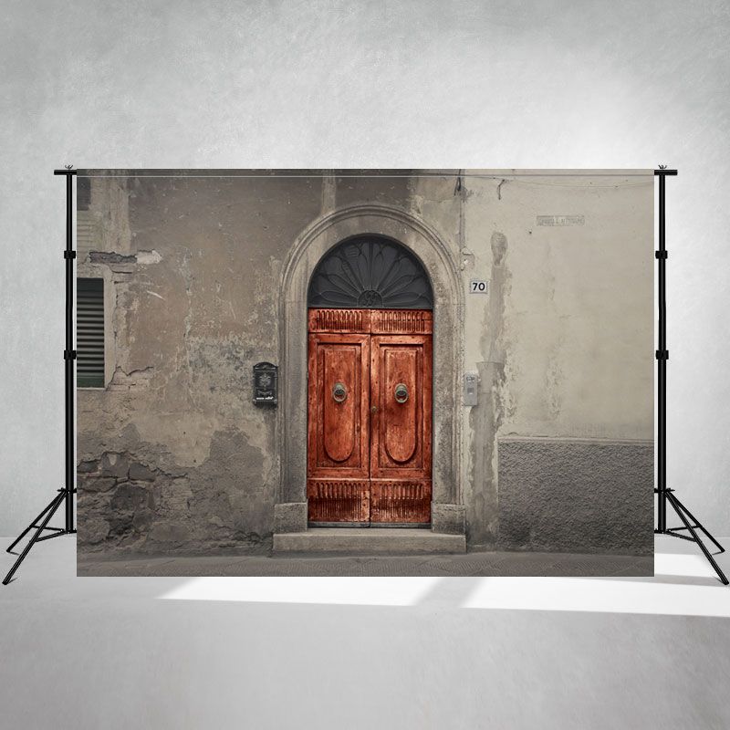 Gray Wall Red Arch Wooden Door Photo Backdrop - Layoris