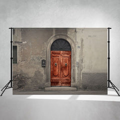Gray Wall Red Arch Wooden Door Photo Backdrop - Layoris